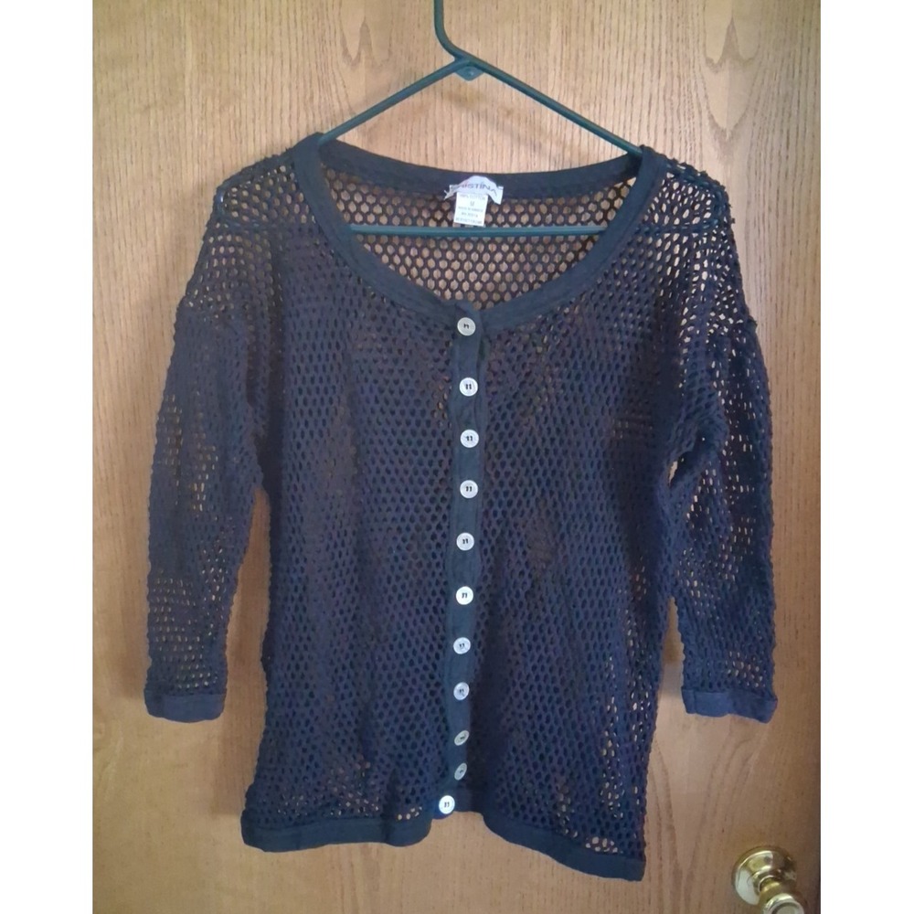 VTG Christina Black Crochet Net Button Up Top 3/4 Sleeves Cotton Boho Witchy